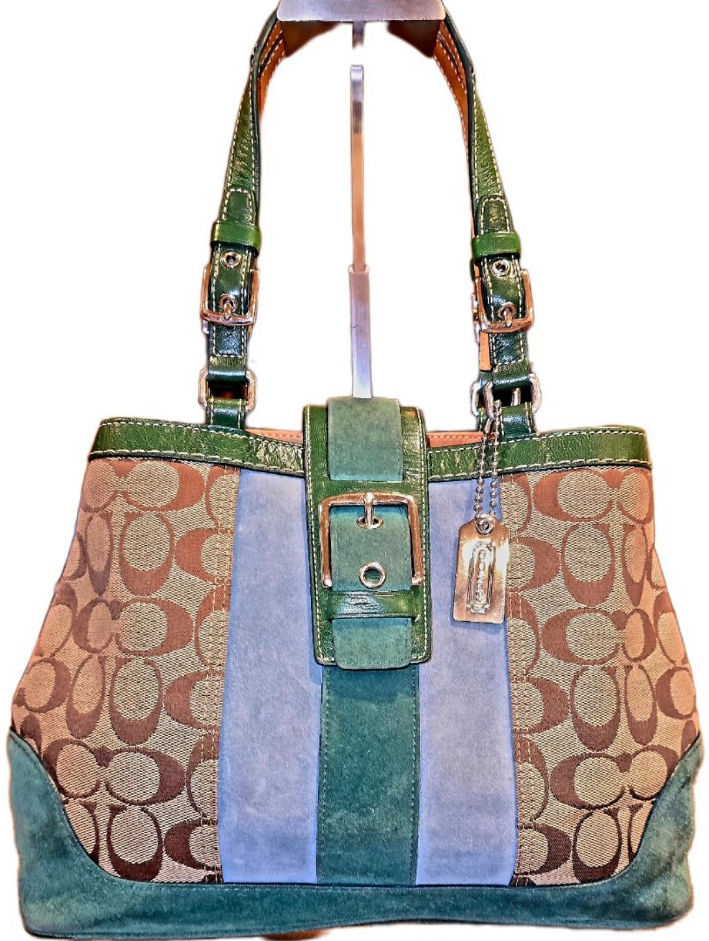 Coach Vintage Y2k Hampton Signature Green & Blue Suede Double Handled Tote Bag